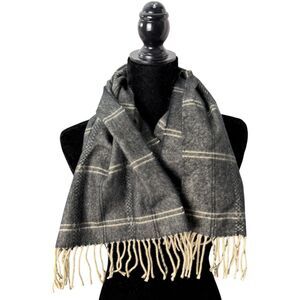 Scotland 100% Cashmere Grey Cream Plaid Fringe Scarf